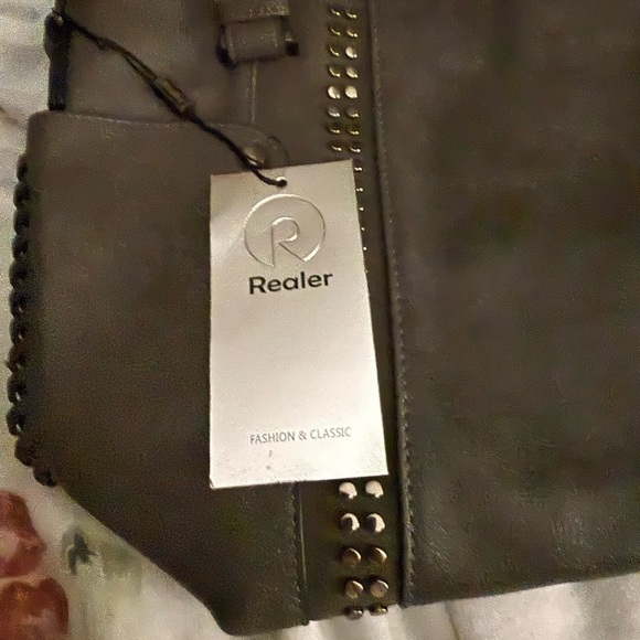 New Realer Gray Large Capacity Shoulder Bag/Tote Studded Details - Picture 4 of 16